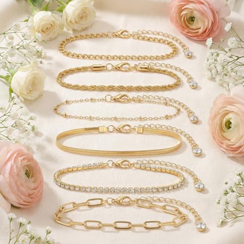 Tyqour 6PCS Ankle Bracelets for Women Gold Anklets for Women Waterproof Gold Women's Anklets Adjustable Size Dainty Summer Beach Jewelry Gift for Women Teen