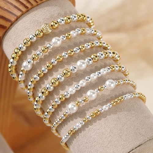 Gold Bracelets for Women Stackable 14K Gold Silver Plated Beaded Bracelets Stack Elastic Stretch Non Tarnish Bead Ball Stack Stretch Adjustable Dainty Jewelry Trendy Prom Gifts for Women - color: 7pcs-Pearl