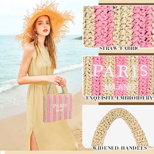 Straw Beach Bag for Women Summer Woven Tote Bag Packable Straw Purses and Handbags for Vacation Holiday - color: S-pink