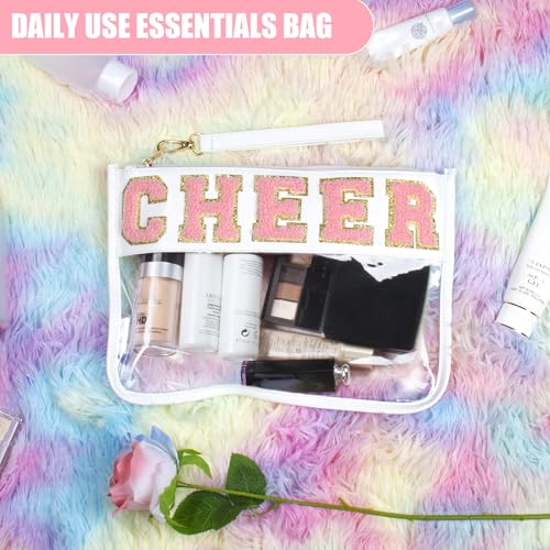 BuyCard Cheer Chenille Letter Bags Clear Makeup Bag, Cheerleader Gifts Cosmetic Bag, Varsity Preppy Patch Flat Pouch Cheer Accessories, Waterproof PVC Organizer Toiletry Bag for Women Girls White - color: White-Cheer