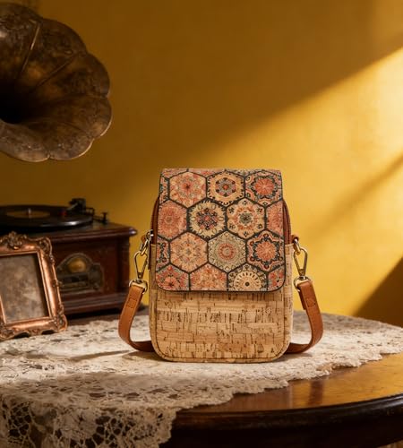 myfriday Vintage Crossbody Phone Bag for Women, Small PU Leather Shoulder Purse and Handbag - color: B-earthy Hexagon