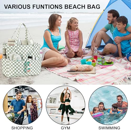 Bluboon Waterproof Beach Tote Pool Bags for Women Ladies Extra Large Carry On Bag With Wet Compartment for Weekender Travel - color: Grass Green White Grid