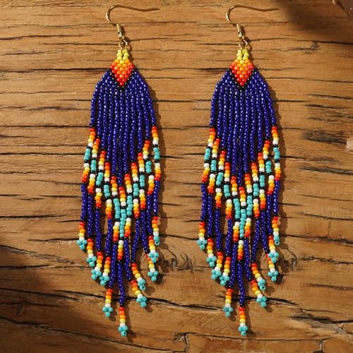 Bohemian Beaded Long Tassel Dangle Earrings for Women, Handmade Jewelry White Tarnish Resistant Lightweight Design, Stylish Accessory for Beach Vacation Party and Gift - color: Blue