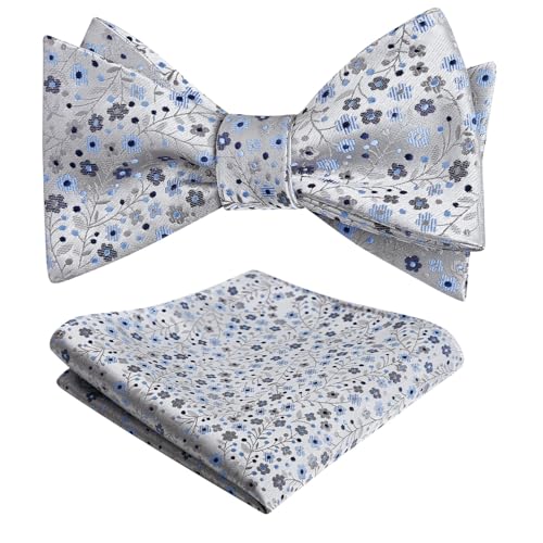 Alizeal Mens 2pcs Classic Floral Pattern Self-tied Bow Tie and Handkerchief Set - color: 045-gray+navy Blue