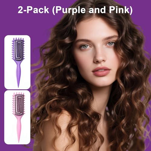 2-Pack Curly Hair Brush, Curl Defining Brush with Soft Boar Bristles Detangling Tangled Glides, Wide-Teeth Design Effortlessly Shaping & Defining Curls, Curling Definer for Wet & Dry Hair(Pink Purple) - color: Pink Purple