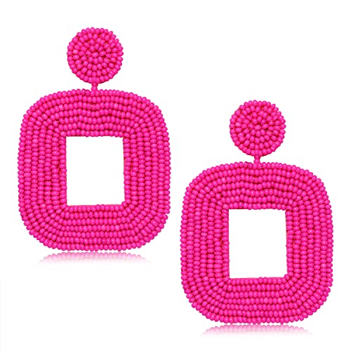 Beaded Drop Earrings Multicolored Seed Bead Earrings for Women Bohemia Statement Square Bead Hoop Dangle Earrings for Wedding Party Vacation - color: B Rose Red
