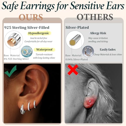 Poxtex Small Sterling Silver Huggie Hoop Earrings Set for Women, Hypoallergenic 14K Gold Plated Hoops Stacks for Multiple Piercings, Dainty Cute Mini Lightweight Cartilage Studs Trendy Jewelry Gift - color: Silver-moon hoop