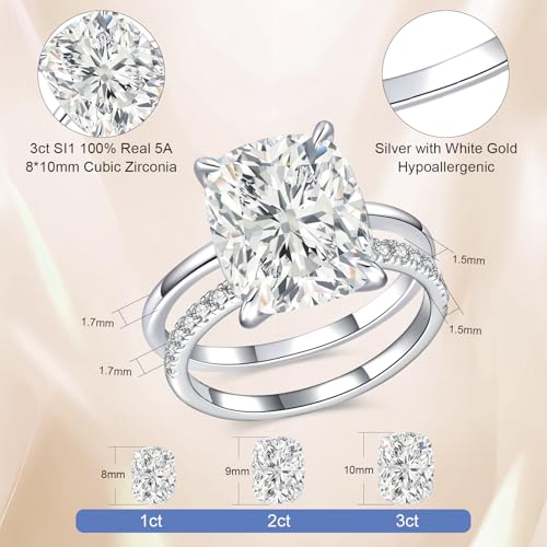 AVECON 3CT/5CT Elongated Cushion Cut Engagement Ring Set for Women, Wedding Promise Cubic Zirconia Band, 14K Gold/White Gold Plated Stackable Adjustable Bridal Half Eternity Open Rings, Size 5-9 - color: Silver-3CT