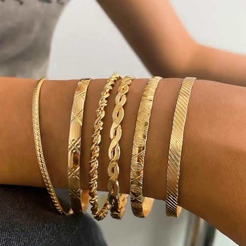 IFKM Gold Chain Bracelets Set for Women, 14K Gold Plated Multiple Layered Stackable Open Cuff Bangle Bracelet Anklet Bracelets Adjustable Link Tennis Beads Italian Cuban Jewelry for Women Gift - style: 6PCS Stack
