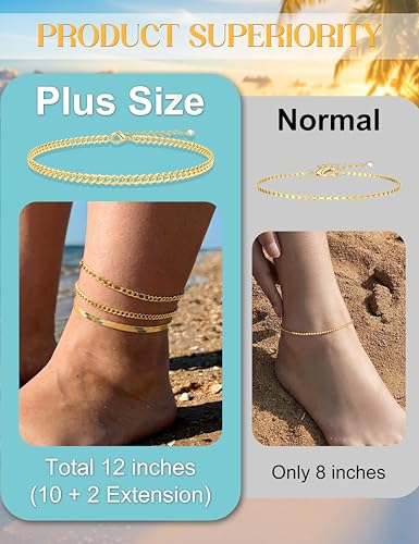 Besteel Ankle Bracelets for Women Waterproof - 14K Gold Plated Non Tarnish Layered Cuban Link Chain Rope Figaro Herringbone Anklets Set Plus Size Anklet Summer Foot Jewelry Gift Adjustable 8-12 Inch - style: 4 Pcs Gold Cuban-10+2 Inch