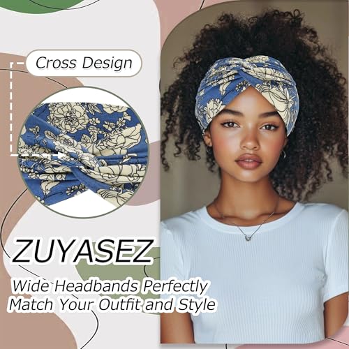 6 Pack Boho Headbands for Women Wide Twist Knotted Flowers Head Wraps Turban Stretchy Leopard Hair Bands Elastic Non-Slip Workout Head Wraps Accessories - color: Boho Flowers
