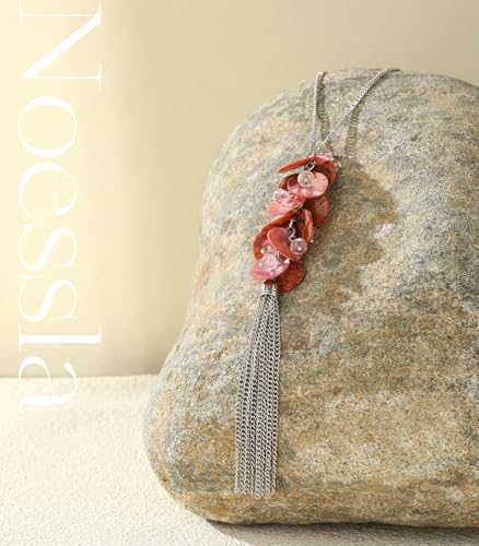 Noessla Boho Long Pendant Necklaces for Women Silver Tassel Long Necklace Sweater Chain Mothers Day Gifts Silver Costume Jewelry for Women - color: 81-Pink