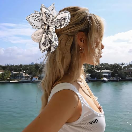 Bow Claw Hair Clips 2PCS Paisley Big Hair Bows for Women Butterfly Styling Large Hair Clips for Thick Hair for Girls Hair Accessories for Teens Gifts for Ladies - color: 2PC-White Paisley+-Blue Floral