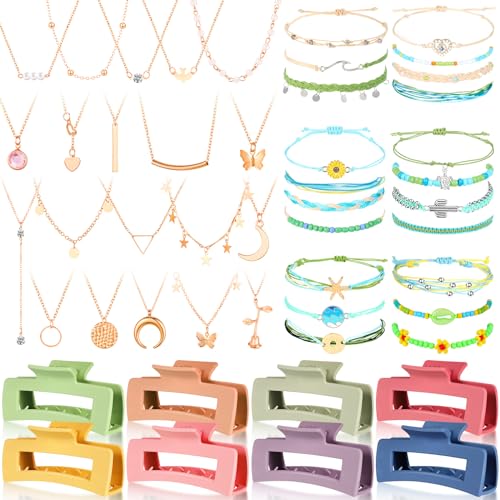49 Pcs Boho Jewelry Set for Women, Surfer Wave Friendship Bracelets Layered Necklace Hair Clip, Summer Beach Gift - style: Cool