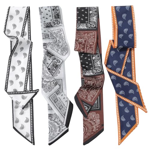 CHLINS 4PCS Satin Head Scarf for Women, Neck Hair Purse Handbag Accessory Fashion Versatile Thin Long Strip Scarf - color: White+blue