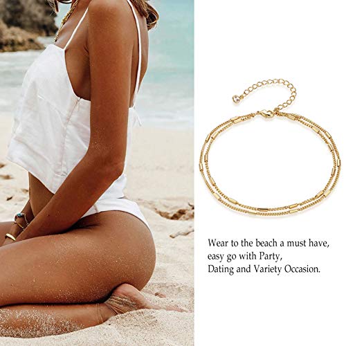 LOYATA Dainty Ankle Bracelet,14K Gold Plated Tiny Bead Anklet Dainty White Cubic Zirconia Cross Tassel Foot Chain Cute Lucky Moon Evil Eye Foot Jewelry Boho Anklets for Women - color: B double chain