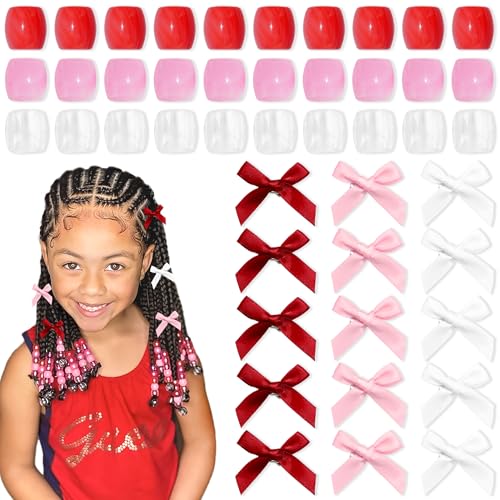 Valentine’s Day Large Hair Beads 45PCS Bow Hair Clips Acrylic Beads for Braids Satin Small Hair Bows Cute Loc Hair Accessories for Women Girls - color: White