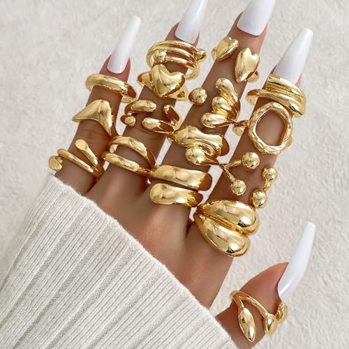 IFKM Gold Chunky Rings Set for Women 14k Gold Plated Thick Dome Stackable Open Rings Trendy Dainty Minimalist Jewelry Gifts - color: Gold, style: 16pcs Encircle