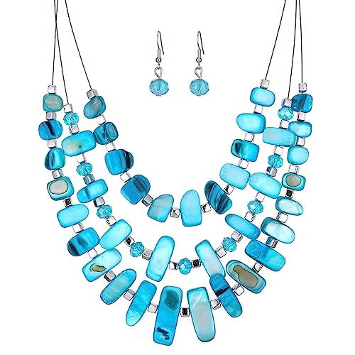 3 Layered Chunky Statement Necklace for Women Beaded Strand Necklaces with Earring Fashion Costumes Collar Necklace Jewelry Sets Gifts for Women - color: 50-Turquoise