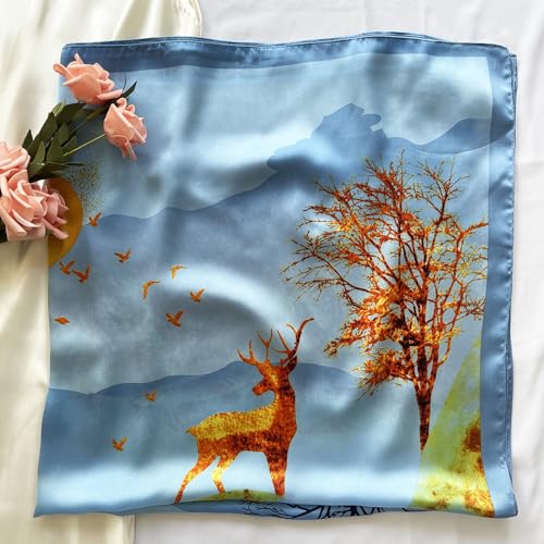 Julunar Silk Like Head Scarf for Women - Satin Large Hair Scarves - 35" Square Silk Hair Wrap for Sleeping with Gift Packed - color: A020-1 Sun & Woodland