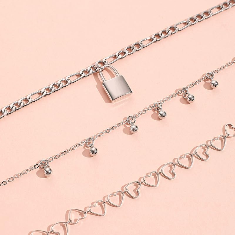 3 Pcs Layered Silver Tone Anklets for Women Trendy Lock Heart Charm Ankle Bracelets Set Adjustable Chunky Figaro Foot Jewelry Gifts