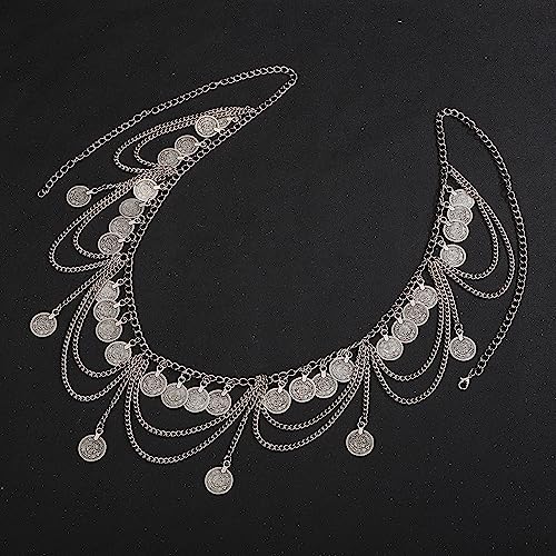 Wiwpar Boho Silver Sexy Multi Layer Metal Waist Chain Layered Body Chain Coin Belly Waist Chain Summer Beach Rave Body Jewelry for Women Disc Party Prom Wedding (Silver)