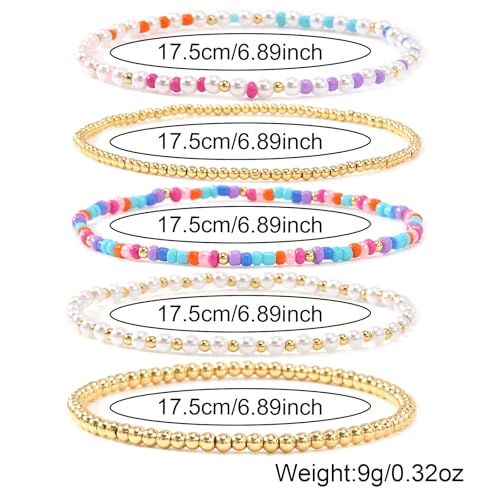 14K Gold Plated Beaded Bracelets Stack Set for Women,Stretch Boho Colorful Beads Ball Jewelry Friendship Summer Trendy - color: Colorful