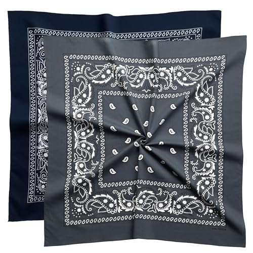 Extra Large Bandana 27” x 27”,100% Cotton bandana for Men and Women，Multi-Purpose Scarf Headbands ，Head Scarfs - color: Navy Blue/Dark Grey