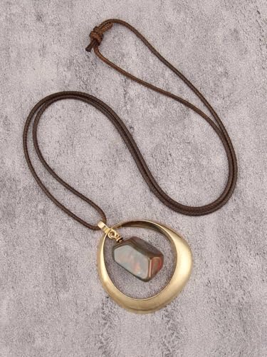 GelConnie Leather Necklace for Women Round Wooden Pendant Long Leather Choker Vintage Sweater Necklace Gold Chunky Boho Necklaces for Women - style: Brown Stone Leather Necklace