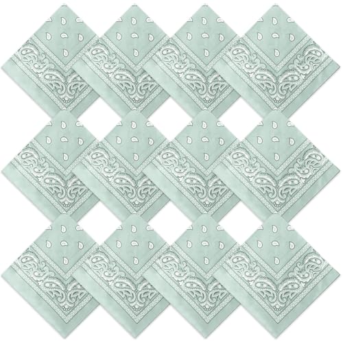 Suhine 12 Pcs Bandanas Bulk for Women Men 22 x 22 Inch Paisley Headband Cowboy Handkerchief Summer Beach Party Costume - color: Gray Green