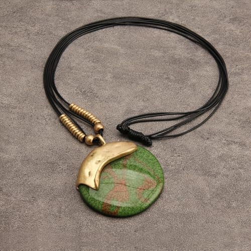 Bohemian Women's Leather Long Pendant Necklace Sweater necklace Adjustable Retro Woven Handmade Jewelry - color: Green stone