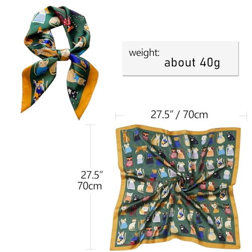 CHUNG Women's Scarf Hair Bandanas Square 27.5" Satin Wrap Fashion Pattern Scarves Emulation Silk Handbag Ribbons Necktie - color: Dark Green Cats