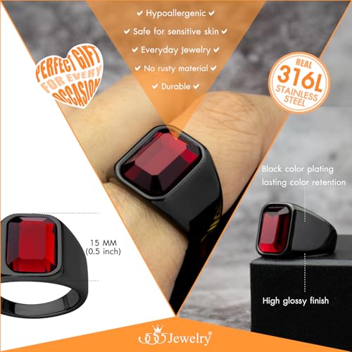 555Jewelry Stainless Steel High Polish Plain Oval Black Onyx Signet Ring for Men - color: Black - Red CZ