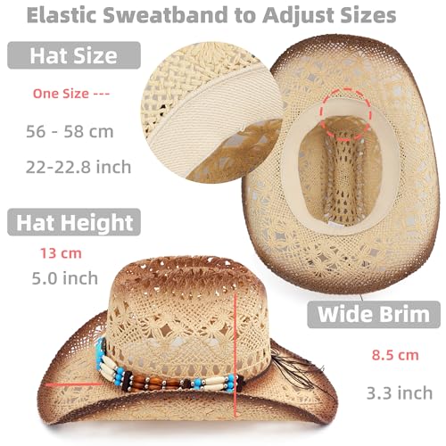 Straw Cowboy Hat, Western Cowgirl Hat, Wide Brim Sun Beach Hat for Men and Women - color: Khaki-m29
