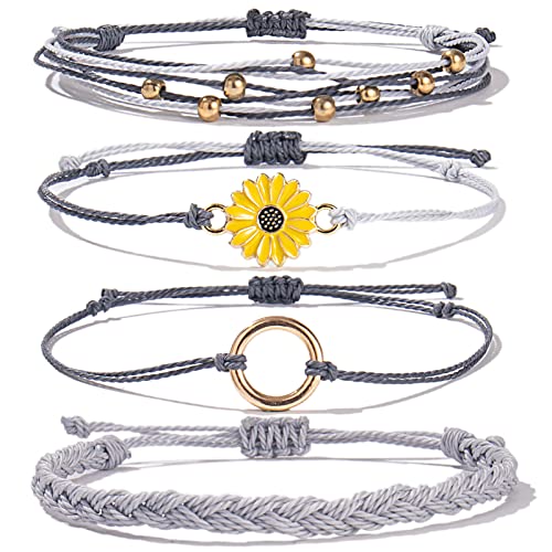 FANCY SHINY Easter Gifts Basket Stuffers Sunflower String Bracelet Boho Braided Rope Wrap Bracelets Cute Summer Beach Surfer Jewelry for Women - color: Grey