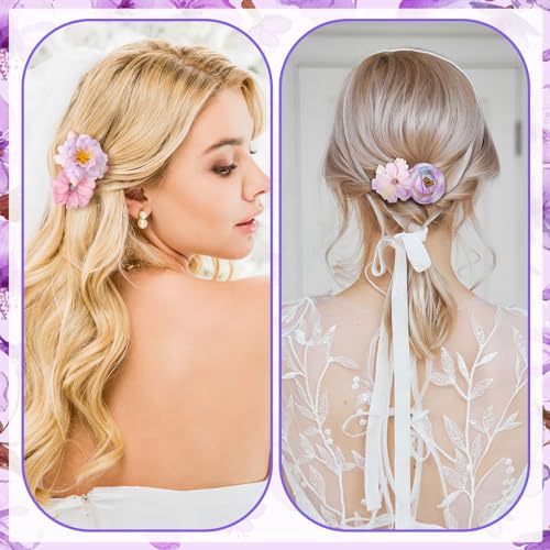 BBTO 21 Pcs Flower Hair Clip Rose Hair Clips Barrettes for Women Flower Accessories Boho Bride Claw Clip Hairpin Brooch Pin Headpiece for Wedding (Purple) - color: Purple