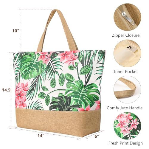 Trifabricy Beach Bag for Women, Large Beach Tote Bags with Zipper, Woven Straw Tote Waterproof, Swim Gym Shopping Travel Bag - color: Pink Floral