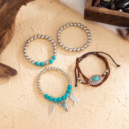 Turquoise Beaded Stretch Bracelets Bohemian Stackable Bracelets Y2K Summer Beach Bracelets Jewelry for Women - color: Stackable-Western