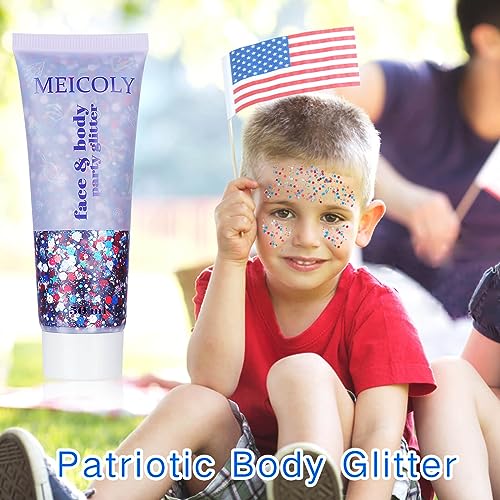 MEICOLY 250th Red White and Blue Patriotic Face Glitter,Fourth of July Star Hair Glitter,4th of July Outfits for Women,USA Flag Body Glitter for Independence Day Veterans Day - color: Glory Red White Blue