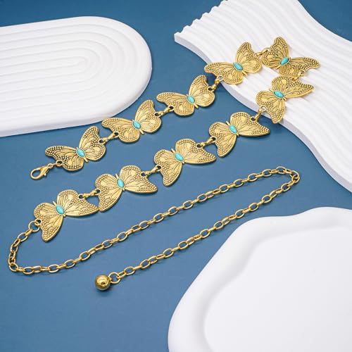 Women Western Chain Belt Adjustable Turquoise Metal Waist Chain Boho Chain Link Belt for Jeans or Dresses - color: Turquoise Butterfly Gold, size: XL: 59 in/150 cm