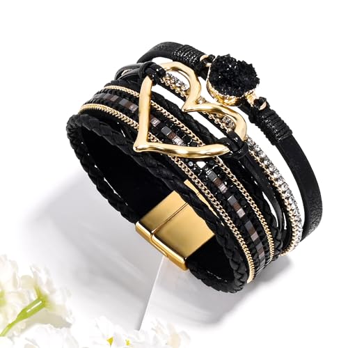 VIBILIA Boho Leather Wrap Bracelets for Women Multi-Layer Bracelets with Strong Clasp Jewelry for Women - color: 01-Heart-Black