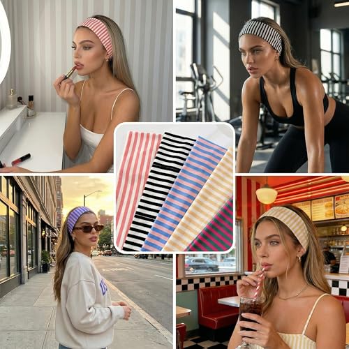 Waliah 6Pcs Striped Headbands for Women Wide Headbands for Women Non Slip Head Bands Women's Trendy Hair Accessories - color: Striped