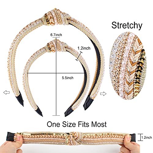 TOBATOBA Knotted Boho Headbands for Women, 3 Pack Beaded Knot Headband, Diademas Para Mujer De Moda, Womens Crystal Pearl Head bands, Wide Turban Head bands No Slip Fashion for Women - color: Color 2