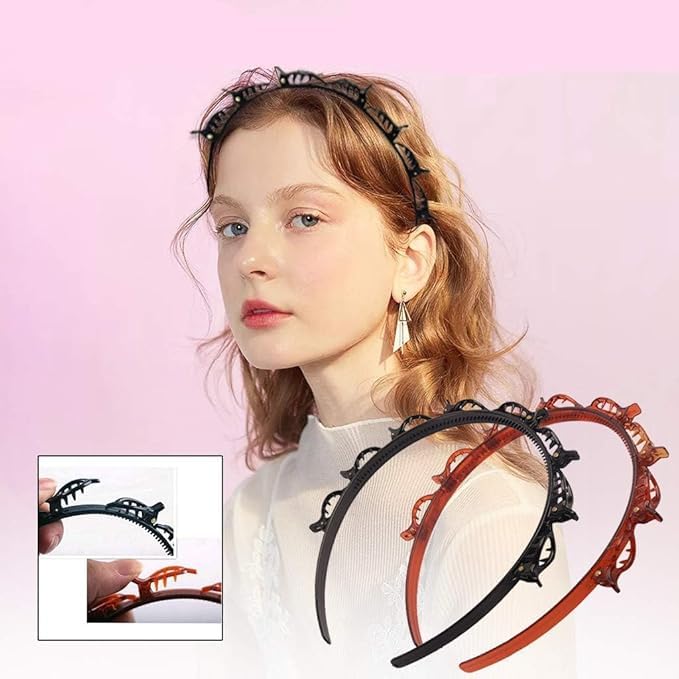 Double Layer Twist Plait Black Headband Hair Tools, Double Bangs Hairstyle Hairpin, Multi-Layer Hollow Woven Headbands, Hairband with Alligator Clip (Brown) - color: Brown