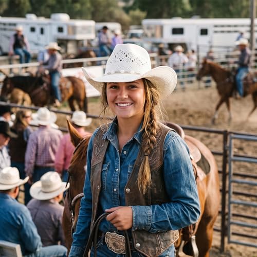 TOVOSO Western Cowgirl Hat, Straw Cowboy Hat for Women with Shapeable Brim, Beaded Hearts Trim, Shapeable Cowboy Hat - color: White With White Trim