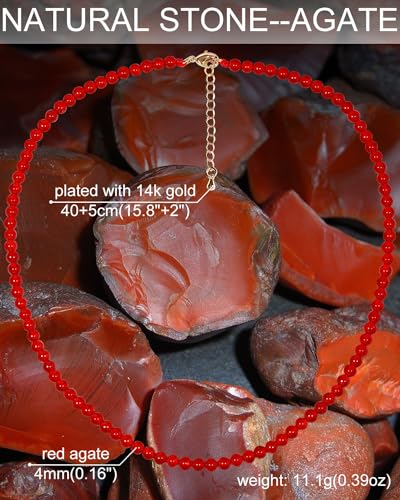 Simple Choker Necklace for Women Real Stone and Crystals Necklaces 4mm Beaded Choker Jewelry Meditation Gift for Women (16"+2") - style: Red Agate