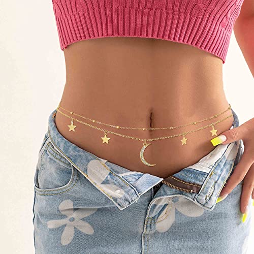 Layered Beads Waist Chain Gold/Silver Sun Belly Chain Bikini Body Chain Women Adjustable Beach Waist Jewelry Accessories - size: Large, style: Gold Moon