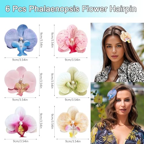 6 Pcs Hawaiian Flower Hair Clips with Fashion Floral Pearls Hawaiian Tropical Bohemian Butterfly Orchid Hairpins for Women Bridal Seaside Holiday Headwear Hair Accessories