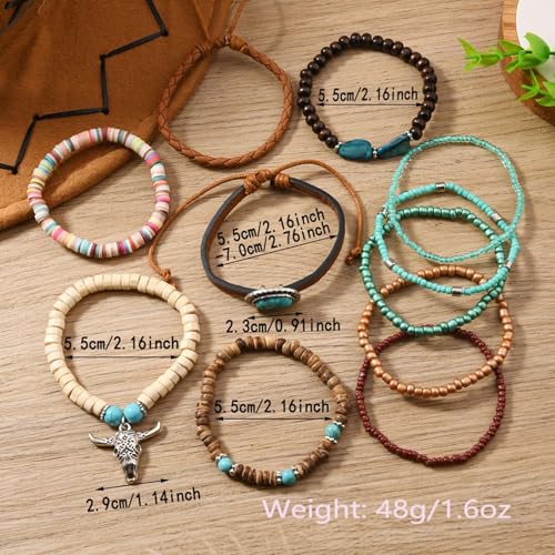 Long tiantian Western Turquoise Beaded Bracelet Set for Women Stackable Cowgirl Bracelets Boho Concho Jewelry Country Concert Rodeo Outfit Accessories Gifts - color: F2:western wooden dress