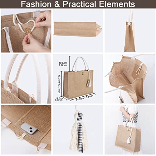 itgowisa Jute Beach Bag for Women, Burlap Beach Tote Bag with Tassel Pocket, Summer Gift for Vacation, Pool, Cruise & Grocery | Jute material - color: Plaid Tassel
